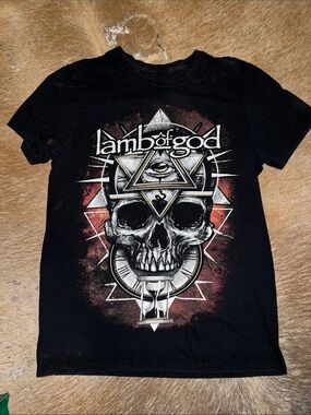 Hot Topic Black Lamb of God Graphic Tee with Red and White Accents